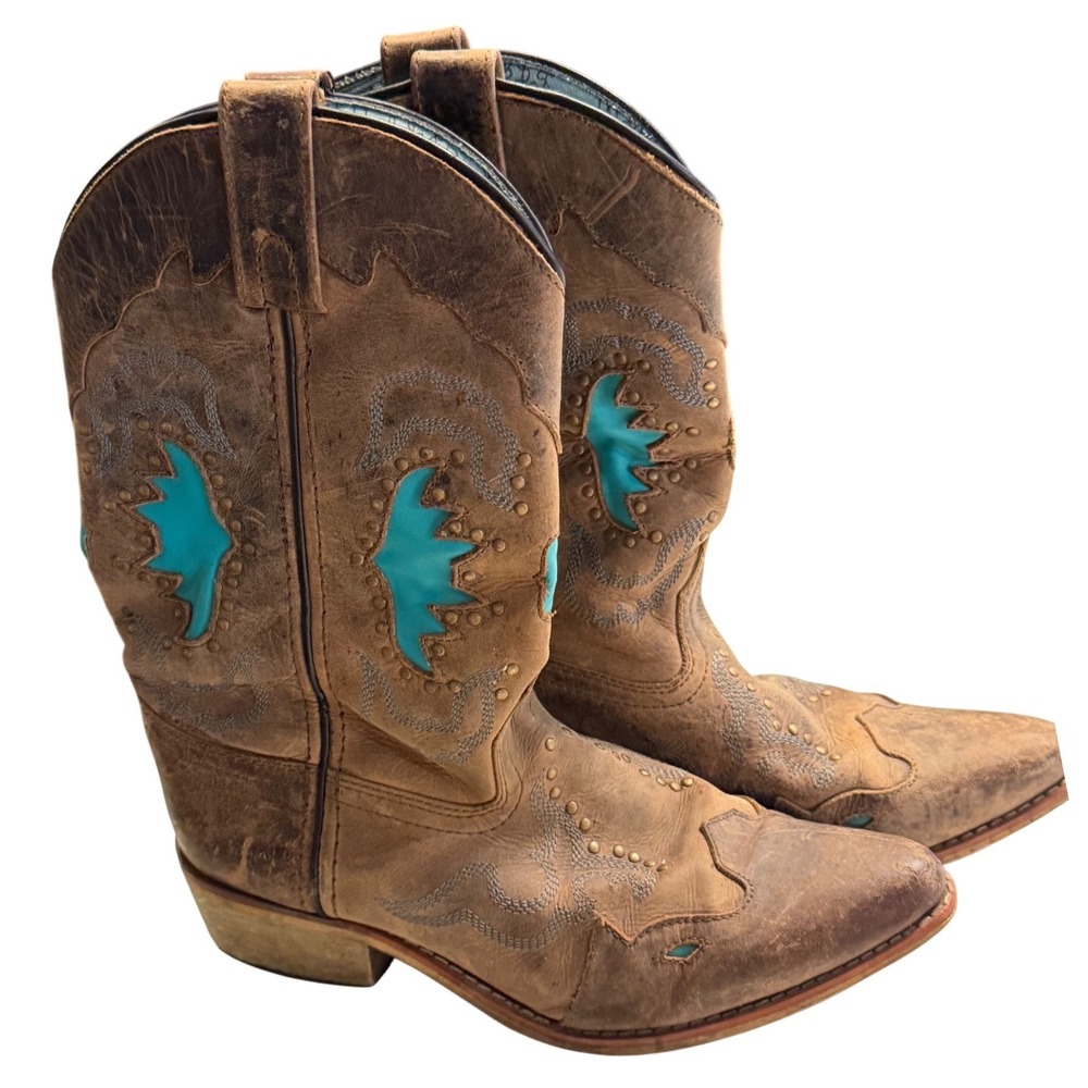Smoky Mountain Youth "Mondbucht" Turquoise Inlay Leather Cowboy Boots Size 5D